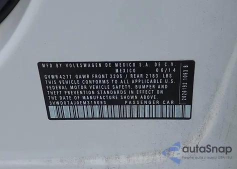 2014 Volkswagen Jetta 1.8T Se из США, поврежденный, VIN 3VWD07AJ0EM319093